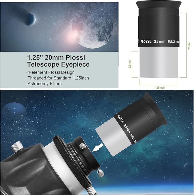 Alstar 1.25 Inch Plossl Telescope Eyepiece - 25mm Fully Multicoated Optical Lens for 1.25inch Astronomic Telescope and Astronomy Filters - 4 Element Plossl Design