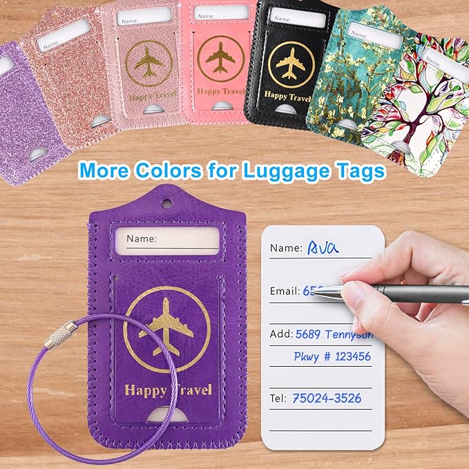 Luggage Tags, ACdream Leather Case Luggage Bag Tags Travel Tags 2 Pieces Set, Purple