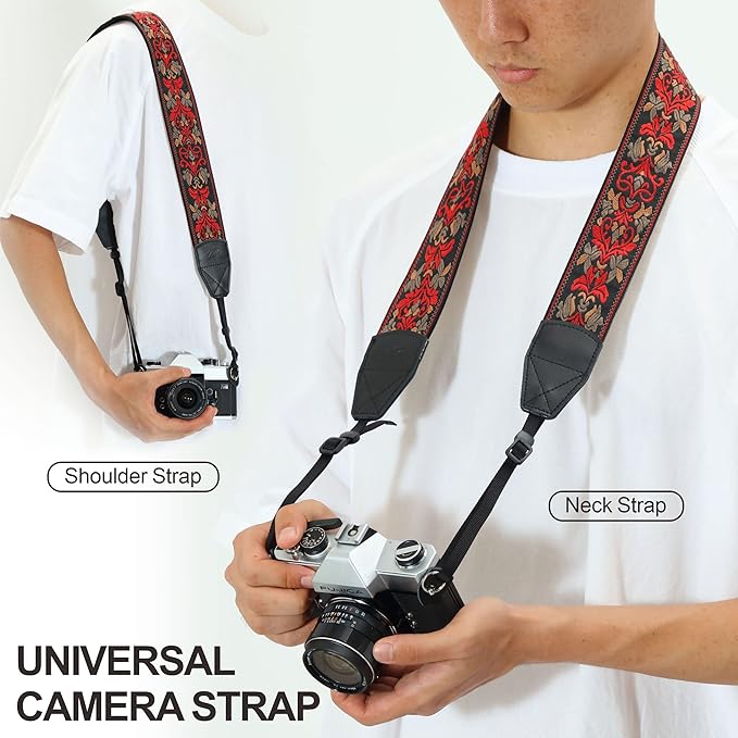 Padwa Lifestyle Camera Strap - 2" Wide Red Vintage Jacquard Embroidery Flower Camera Straps with Genuine Leather Head, Adjustable Neck Shoulder Strap for All Cameras and Men & Women Photographers