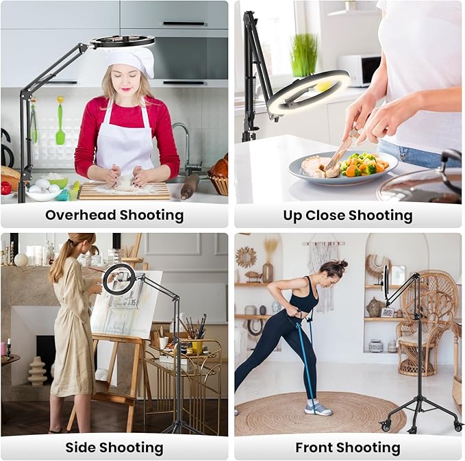 LUXSURE Tripod for iPhone with Ring Light, Overhead Camera Mount with Casters,LED Ring Light with Stand and Phone Holder,Phone Tripod with Light for Video Recording/Live Streaming/Cooking