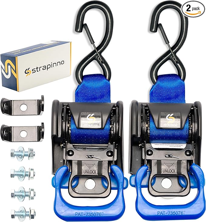 Strapinno 2PCS Retractable Ratchet Straps (1 7/8 in x 4 ft) Heavy Duty Transom Tie Downs for Boat, PWC Trailer - Extra Mounting Brackets & Bolt Set,Safety Latch S-Hook,Break Strength 2,600LBS/1,180KG