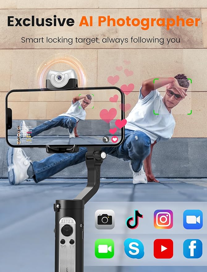 hohem iSteady V2S Gimbal Stabilizer for Smartphone, 3-Axis Gimbal for iPhone, AI Tracking, Portable and Foldable Phone Stabilizer with Fill Light for Video Recording, Vlogging, YouTube, TikTok