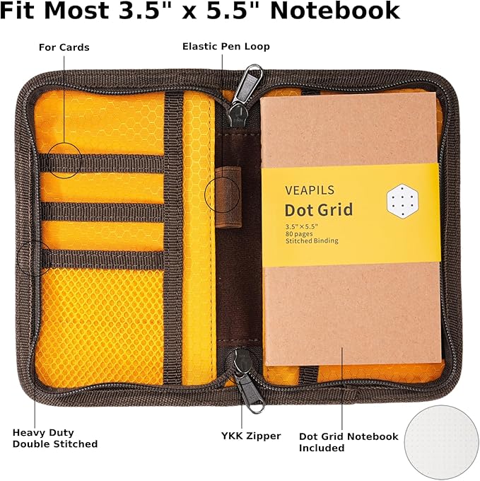 Pocket Journal Cover with Field Book, Waterproof Pocket Notebook Cover with Zipper for Journal Planner, Small Notebook Holder for Field Notes & Moleskine Cahier 3.5" x 5.5" - Mini Field Journal