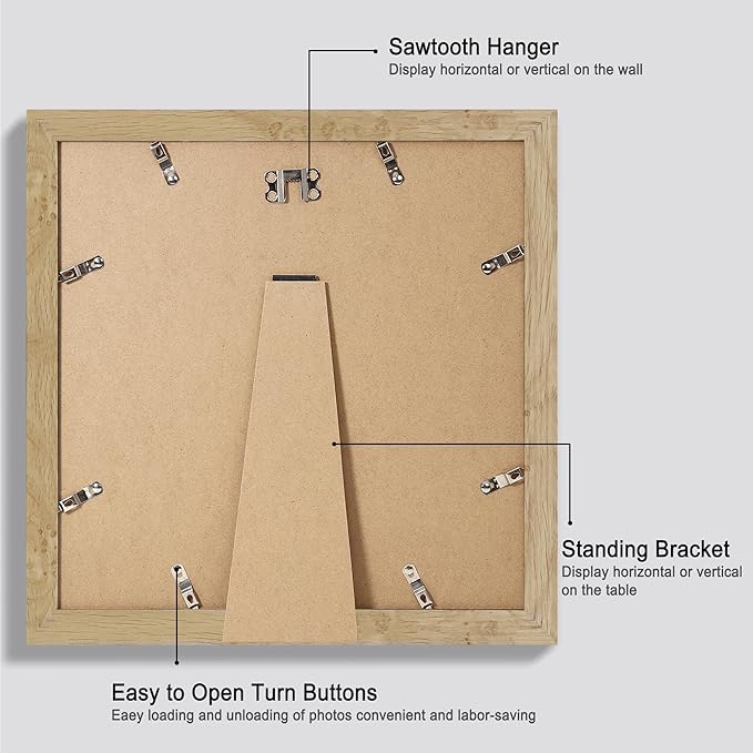 12x12 Picture Frame Set of 4 - Made of Glass and Natural Oak Wooden Frame, Display Square Pictures 10x10 with Mat or 12 x 12 without Mat, Desktop & Wall Collage Photo Frame