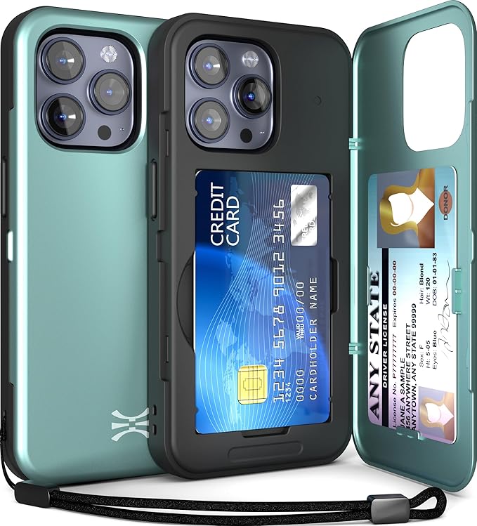 TORU for iPhone 15 Pro Max Wallet Case with Card Holder, Hidden ID Credit Card Slot Flip Kickstand, Slim Fit Shockproof Heavy Duty Phone Cover with Strap - Green