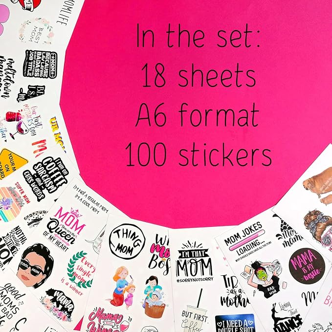 BulbaCraft 100 Pcs Funny Mom Stickers for Water Bottles - Mama Sticker, Funny Gifts for Mom, Mother Decals, Mothers Day Laptop Decals, Gifts for Women & Men