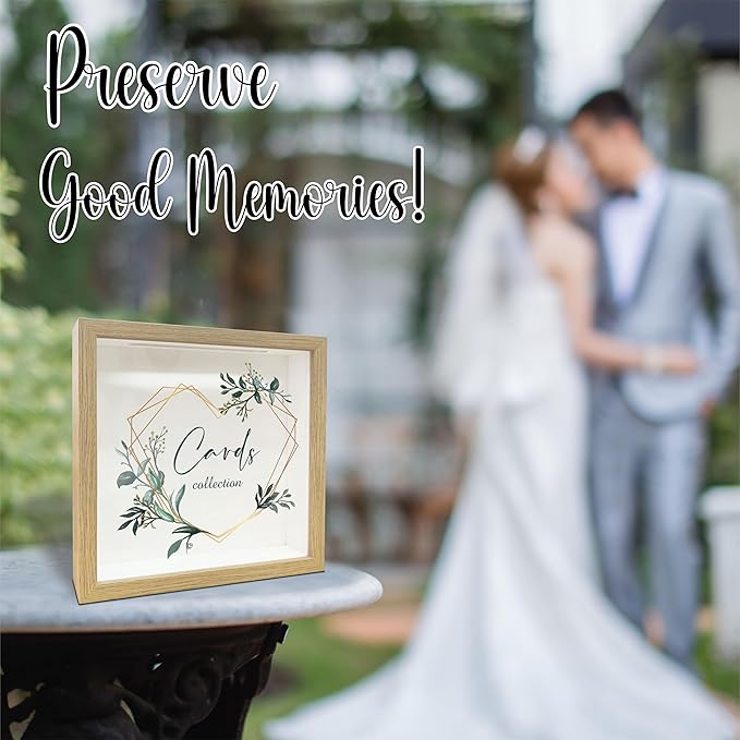 8" x 8" Card Collector Box Photo Frame - Greenery Pattern Wood Keepsake - Everything I Want to Remember - Display Collector Memory Box for Greeting Cards, Tickets,Invitation Keepsake Gift - A04