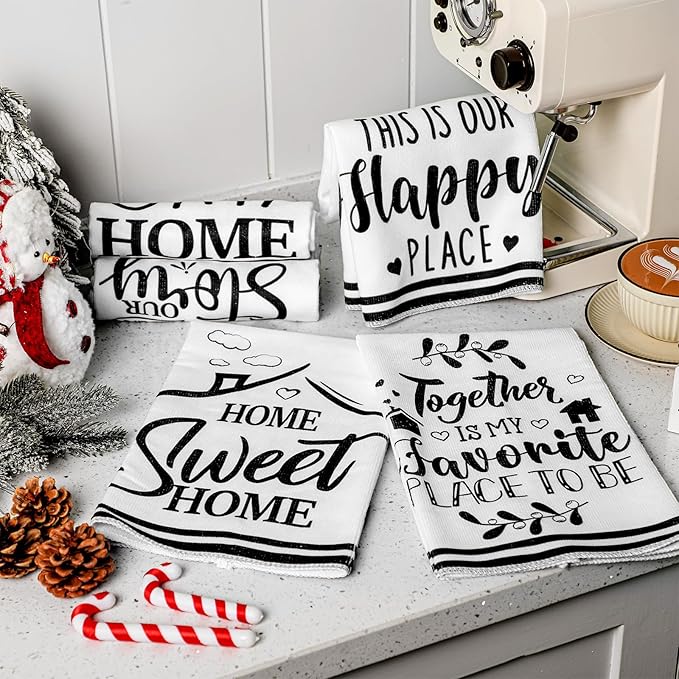Preboun 6 Pcs New Home Beginning Kitchen Towels Black and White Hand Dish Towels Home Sweet New Memories This is Our Happy Place Bless Housewarming Gifts for Neighbor Friend