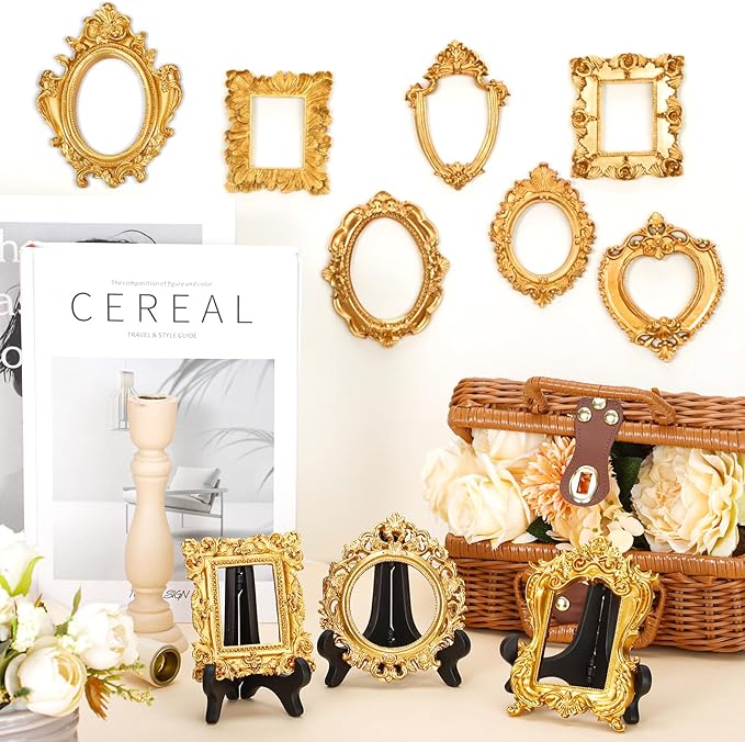 Tatuo 20 Sets Mini Picture Frames and Display Stands Vintage Resin Empty Photo Frame Stable Black Plastic Faux Wood Hangable Stand for Home Office Bedroom Wedding Decor Filming Props Stable (Gold)