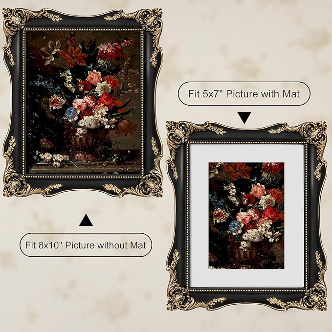 8x10 Black Vintage Picture Frame with Mat for 5x7 or 8 x 10 Photos, Ornate Baroque Gothic Victorian Frames, Tabletop or Wall Display, Antique Home Decor Accent
