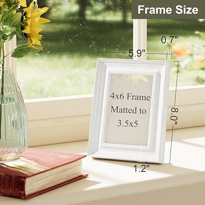 Vittanly 4x6 Picture Frame Set of 4, Vintage Photo Frame for Wall or Tabletop, Display 3.5x5 Pictures with Mat or 4x6 without Mat, Rustic Farmhouse Home Decor, Vintage White