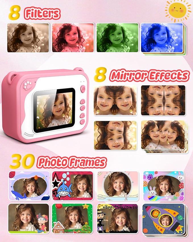 Kids Instant Print Camera for Toddlers - Ink Free Printing, Dinosaur Design, Perfect for Boys & Girls Aged 3-12 (Pink)