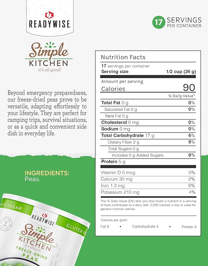 Simple Kitchen Freeze Dried Peas - 17 Servings for Family Meal Prep, Gluten Free & Dehydrated Just Add Water Canned Food, Emergency Survival Food for Camping Meals, Backpacking & Hiking, #10 Can