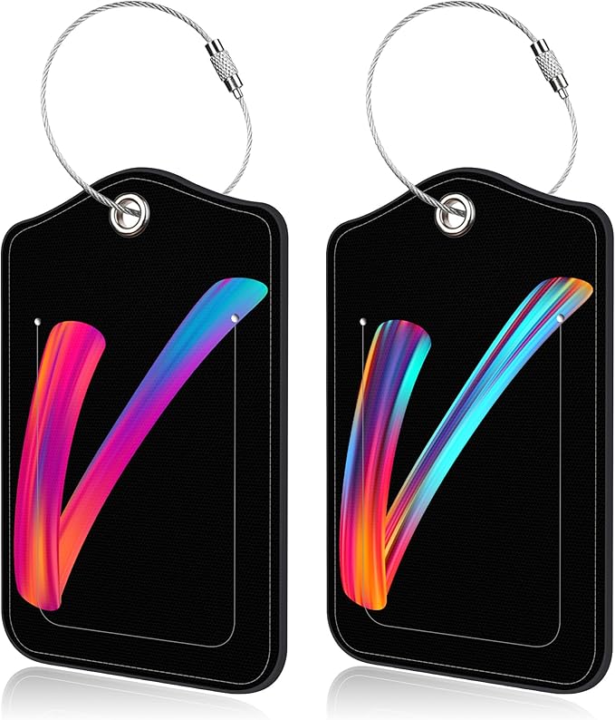 Luggage Tags for Suitcase,2 Pack Neon Colorful Letters Luggage Tags,Leather Baggage Tags Identifiers with Privacy Name Address Labels and Metal Loop for Women Men Girls Travel,Letter V
