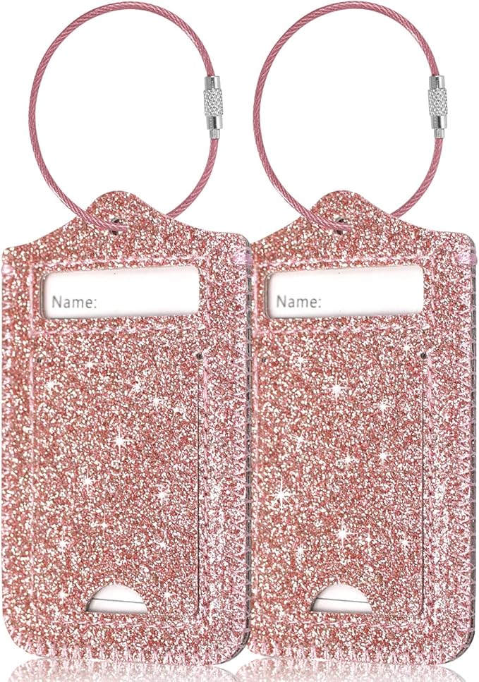 ACdream Luggage Tags 2 Pack, Leather Suitcase Tags Identifiers, Cute Cruise ID Labels with Privacy Cover fits on Backpack, Travel Bag, for Women, Men, Adults, Kids, Glitter Rose