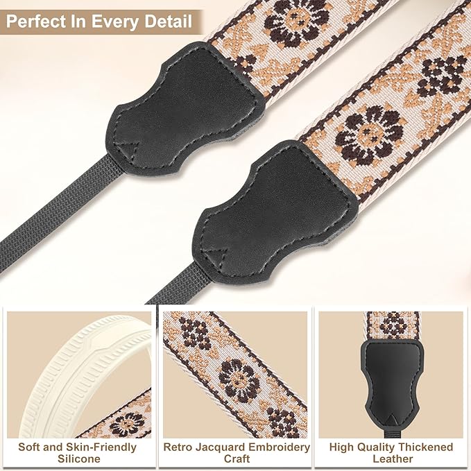 Neck Strap Silicone Camera Straps - Padded Camera Strap, 1.5" Wide Adjustable Nylon Shoulder Strap - Compatible with Canon, Nikon, Sony, and More DSLR and Mirrorless Cameras (Khaki Yellow)