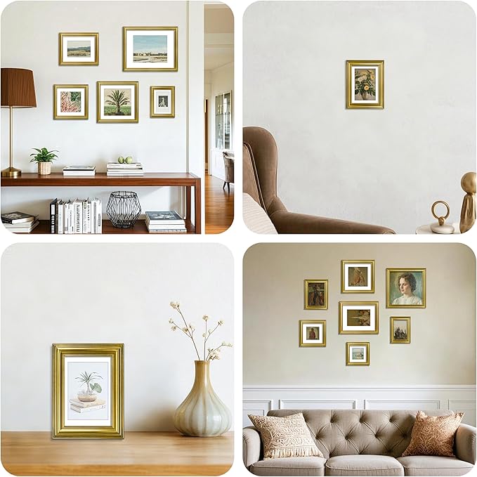 VIOLABBEY 5x7 Picture Frame Gold, Vintage Photo Frames, Fits Pictures 4x6 with Mat or 5 x 7 without Mat, Display for Tabletop and Wall