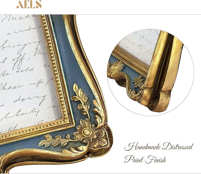 AELS 5x7/8x10 Inch Vintage Picture Frame, Elegant Antique Photo Frames with Glass Front, Photo Display, Tabletop Wall Hanging, Gift Ideas, Gold (Gold and Blue, 8x10)