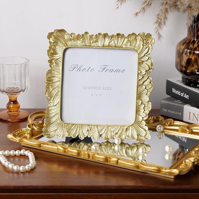 Cuspin 6x6 Picture Frame Gold Frames Square, Vintage Palm Leaves Textured Hand-Crafted Resin Frames with Glass Front, Retro Photo Frame for Wall Hanging and Tabletop Display Home Decor