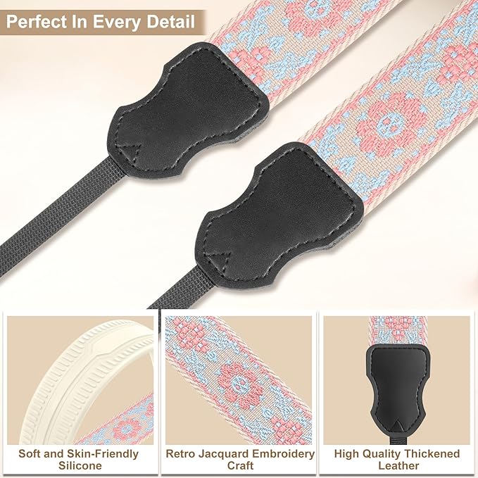 Neck Strap Silicone Camera Straps - Padded Camera Strap, 1.5" Wide Adjustable Nylon Shoulder Strap - Compatible with Canon, Nikon, Sony, and More DSLR and Mirrorless Cameras (Blue Pink)