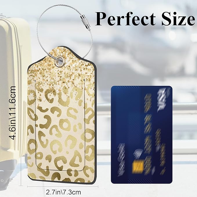 Golden Leopard Print 2 Pack PU Leather Luggage Tags with Stainless Steel Loop, Funny Travel Labels with Privacy Cover ID Label for Quick Spotting