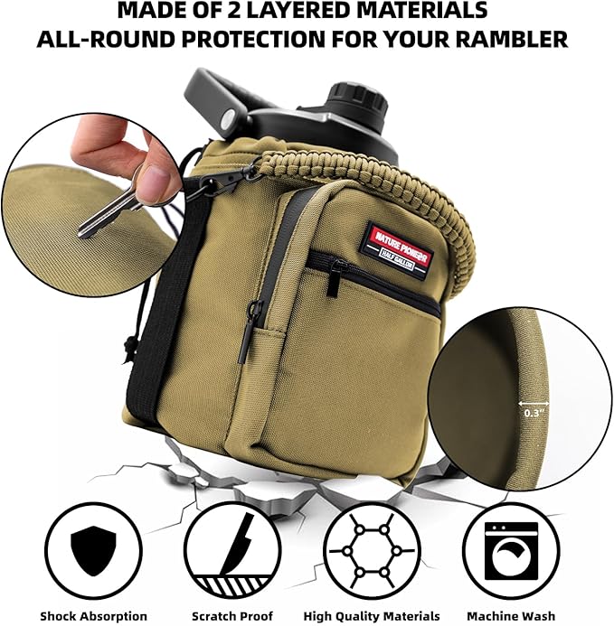 NATURE PIONEOR Water Bottle Holder with Adjustable Strap - Half/One Gallon (64/128oz) Insulated Water Bottle Sling Carrier with Phone Pocket & Paracord Handle, Outdoor Camping, Hiking, Gym