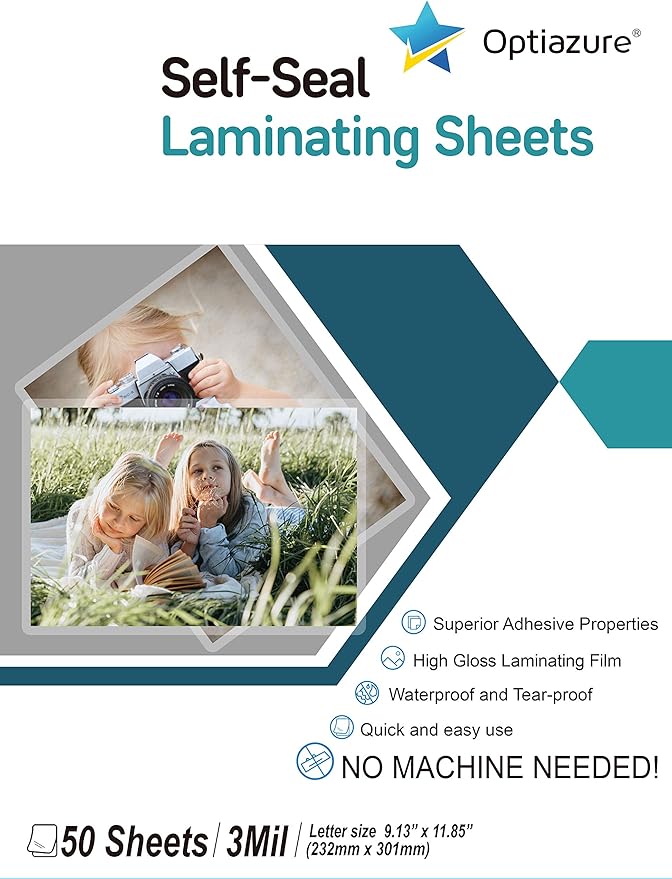 Optiazure Self-Seal Laminating Sheets 9.1"x11.8" Inches, 3mil 50Pack, Letter Size, Single Sided