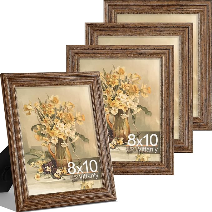 Vittanly 8x10 Picture Frame Set of 4, Vintage Photo Frame for Wall or Tabletop, Display 5x7 Pictures with Mat or 8x10 without Mat, Rustic Farmhouse Home Decor, Walnut