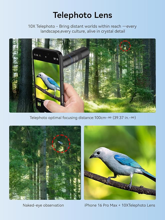 MIAO LAB HD 10X Telephoto Lens & 200mm Macro Lens, 2-in-1 Aluminum Phone Camera Lens Kit with 17mm Lens Thread Interface Mobile Phone case. Phone Lens Attachment Fit for iPhone 16 Pro Max