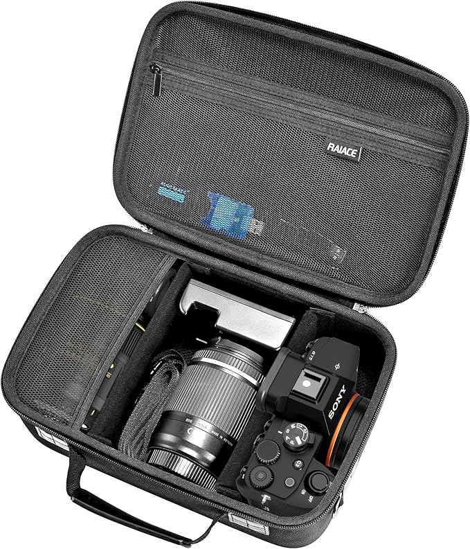 RAIACE Hard Case Compatible with Sony Alpha 7 II III IV/7R V Camera, for Nikon, for Canon, for Pentax and More.Large Capacity With Mesh Pocket for Lens, Charger, Cables, Cards and Accessories.-Black