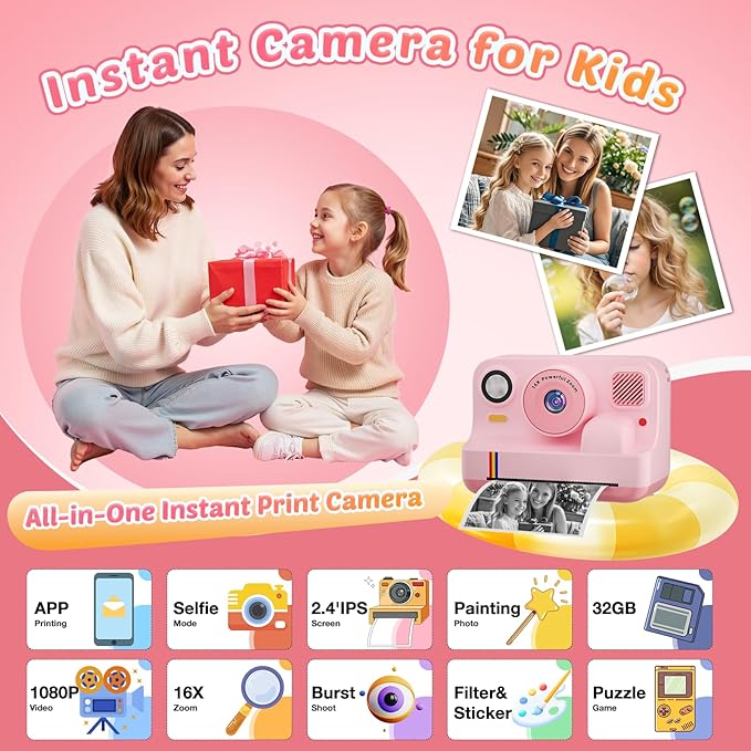 Instant Print Camera for Kids, App Printing, 1080P Video, Dual-Lens Selfie Digital Camera with 32G SD, Christmas Birthday Gifts for Girls Boys 4 5 6 7 8 9 10 11 12 Year Old, Portable Toddler Toy