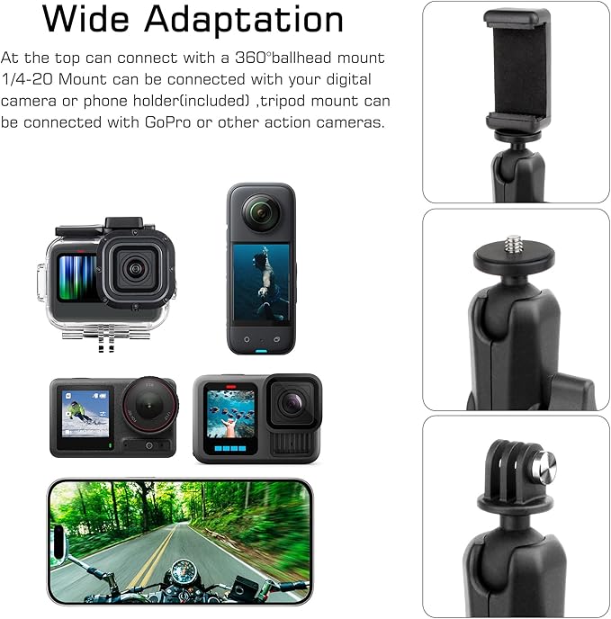 GEPULY Super Clamp Mount with Dual Ballheads & Phone Holder 20-50mm for GoPro Hero Series, Insta360, DJI OSMO Action Cameras, DSLR, Motorcycle, Handlebar, Desk, LED Light, Flash Light