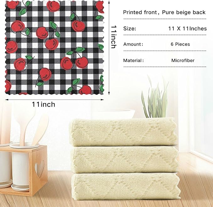 CaTaKu Cherries Plaid Kitchen Dish Cloths, 6 Pack Reusable Dish Rags for Washing Dishes, Microfiber Cleaning Cloths Dish Towels Washcloths for Kitchen Drying