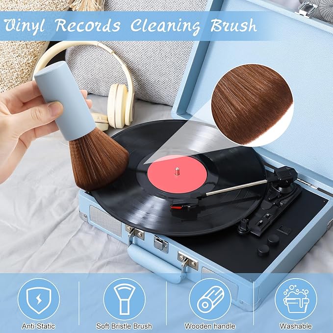 3 Pcs Vinyl Record Cleaning Brush Wooden Anti Static Dust Record Vinyl Cleaner Kit Player Accessories Gift for Music Lovers(Blue)
