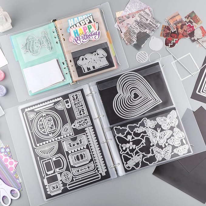 10 Sheet Binder Pockets Inserts with Four Pockets A4 Size 4 Hole Binder Folder for Dies and Stamps Storage,Waterproof PVC Clear Bags Protectors for Cutting Dies Stencil Album Stamp Crafts Storage