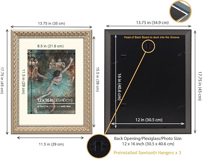12x16 Antique Silver Wood Ornate Vintage Classic Picture Frame, With Mat 9x12 inches, Plexi Glass Cover, Horiztonal or Vertical Wall Mount Display, 2 Pack