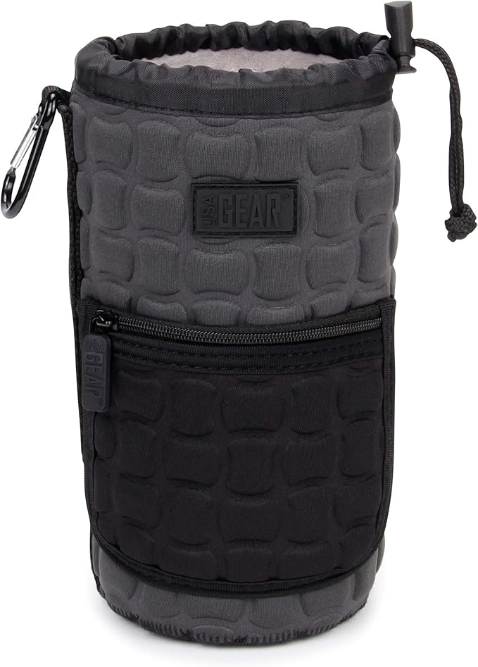 USA Gear FlexARMOR-X Large Lens Case Pouch with Deluxe Padded Neoprene Protection - Fits Camera Lenses up to 7.87" x 3.80", Drawstring Opening, Carabiner Clip, Zippered Storage Pocket