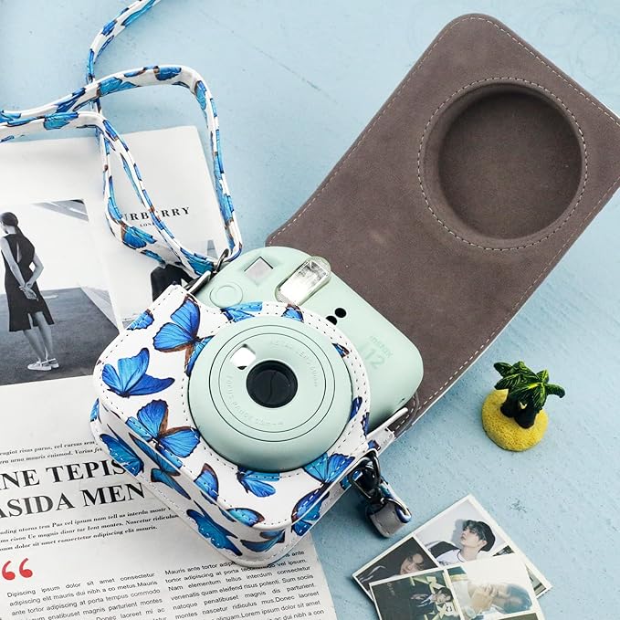 Frankmate Protective Case Compatible with Fujifilm Instax Mini 12 Instant Film Camera with Accessory Pocket and Adjustable Strap (Blue Butterfly)
