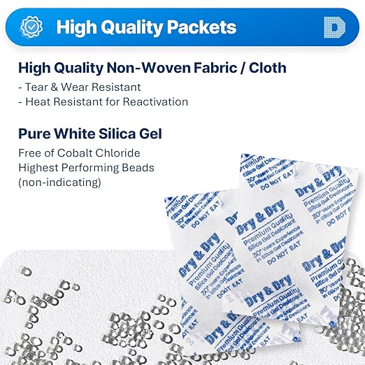 Dry & Dry 20 Gram [10 Packets] Silica Gel Packets Desiccants, Silica Packets - Rechargeable Silica Gel Packs, Silica Gel Packets, Desiccants Packets, Silica Gel