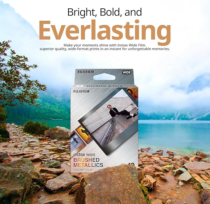 FUJIFILM INSTAX Wide Brushed Metallics Instant Film Bundle – 20 Exposures + Album, Photo Frames & BluebirdSales Cleaning Cloth