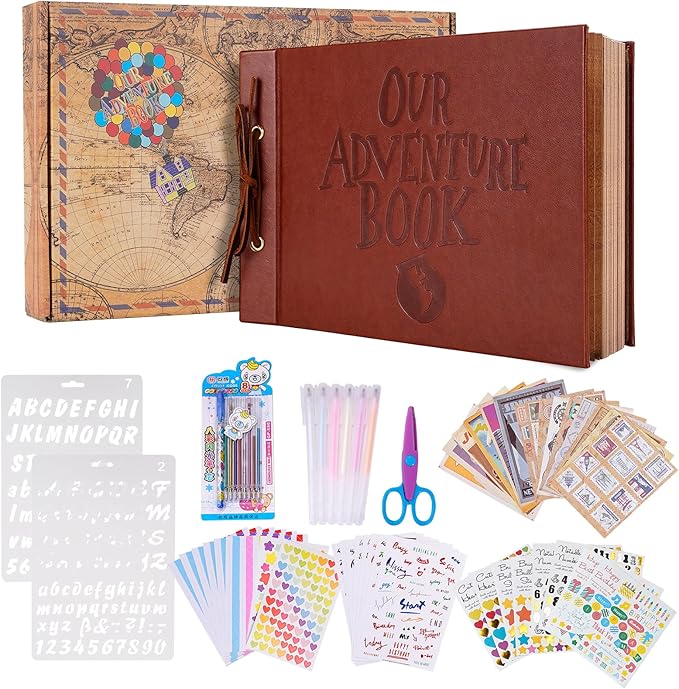 Adventure Book Scrapbook Photo Album 80 Pages Retro Leather Cover Memory Book with Luxury DIY Accessories Kit,Exquisite Box Gift Couples Weddings,Travelling,Christmas Day