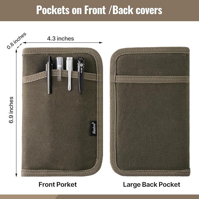 Journal Cover for Field Notes & Moleskine Cahier 3.5 x 5.5, Waxed Canvas Notebook Planner Sketchbook Cover with Zipper Pen Holder (Olive)
