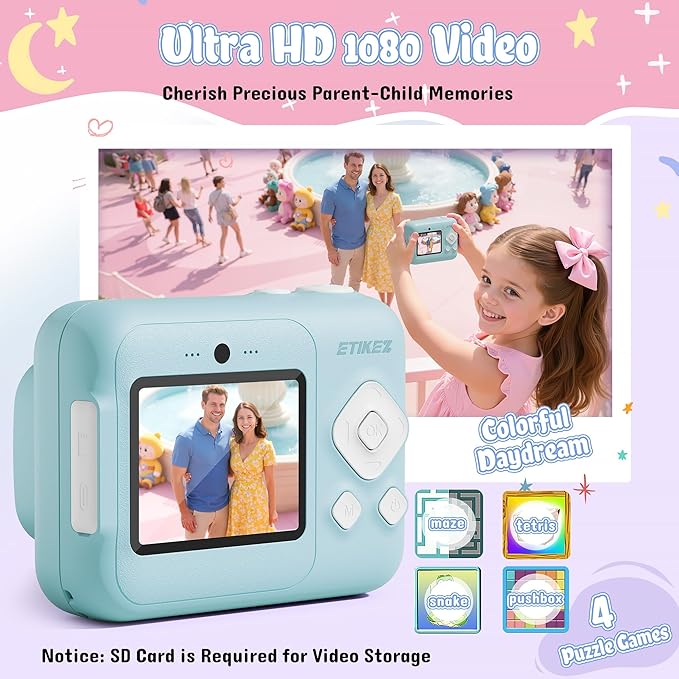 ETIKEZ Kids Camera, 1080P Instant Digital Print Camera for Kids, Christmas Birthday Gifts for 4 5 6 7 8 9 10 Year Old Girls Boys, Portable Toy with 32GB SD Card & 3 Rolls Printing Paper, Blue