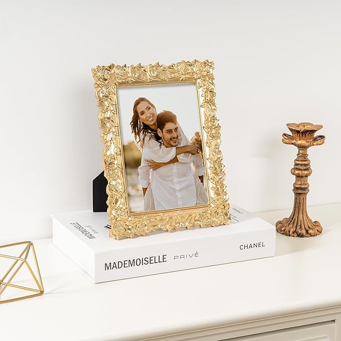 Axeman Gold Vintage Frames 5x7 | Antique 5 x 7 Picture Frame with Real Glass | Ornate Rose 5x7 Frame for Wall & Tabletop Display | Gold 5 by 7 Frames