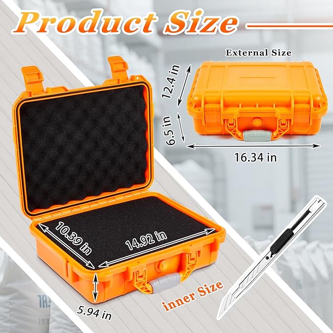 Relaxweex 1 Pcs 16.3 x 12.4 x 6.5 Inch Waterproof Hard Case with DIY Customizable Foam Insert Portable Protective Case with Knife for Camera Drones Equipments Tools Test Instruments (Orange)