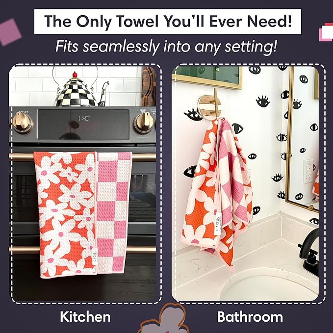Reversible Microfiber Towel - Ultra Absorbent, Quick-Drying Hand Towels - Modern Design, Scratch-Free, Lint-Free for Kitchen, Bathroom, Car Cleaning - 19x29 Inches, Set of 1 (Check Your Blossoms)