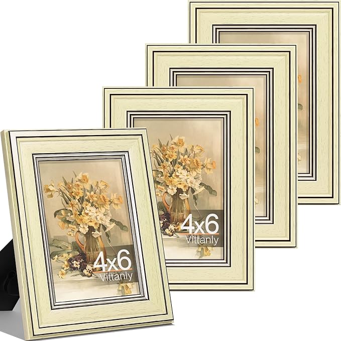 Vittanly 4x6 Picture Frame Set of 4, Vintage Photo Frame for Wall or Tabletop, Display 4x6 Pictures, Rustic Farmhouse Home Decor, Beige