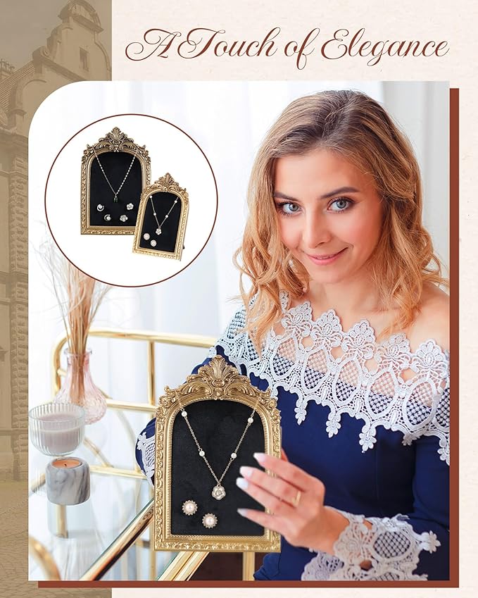 2 Pcs Gold Jewelry Display Stand Vintage Necklace Organizer Ring Holder Earring Tray Resin Jewelry Photography Props Frame with Velvet Backing for Gifts(Black,Large,Small,Elegant)