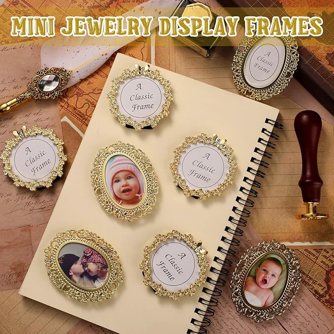 Qunclay 8 Pcs One-inch Mini Vintage Picture Frame Tiny Metal Picture Frames Antique Mini Photo Frame Wallet for Christmas Tabletop and Wall Display Old Fashioned Photo Gallery Art Decor