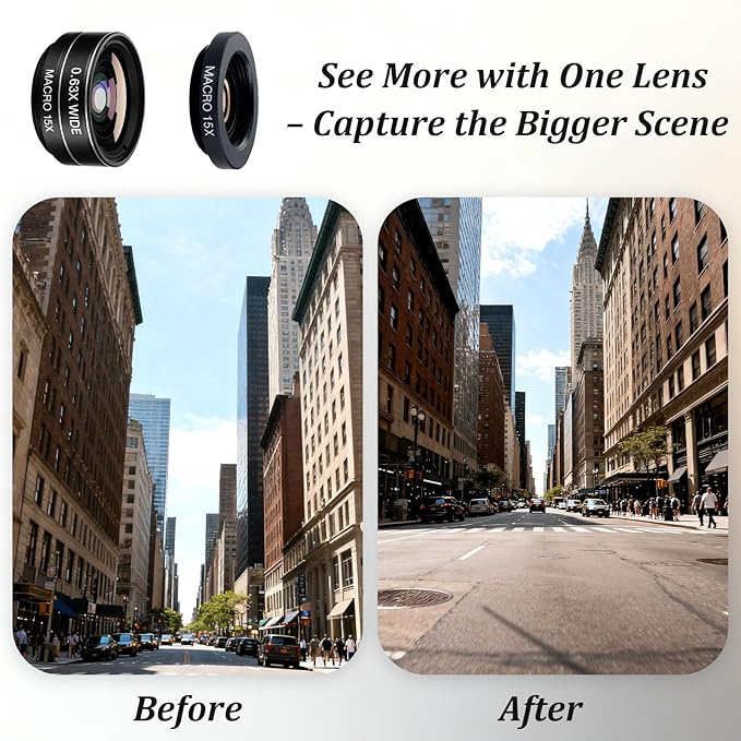3-in-1 Smartphone Camera Lens Kit – 198° Fisheye, 0.63× Wide-Angle & 15× Macro Clip-On Lens Set for iPhone, Samsung & Android Phones (Black)